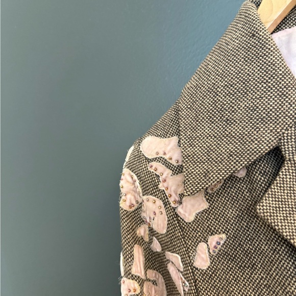 OXMO (Denmark) L wool blend EUC Brown Trench Coat with Pink Floral Design - Picture 12 of 14